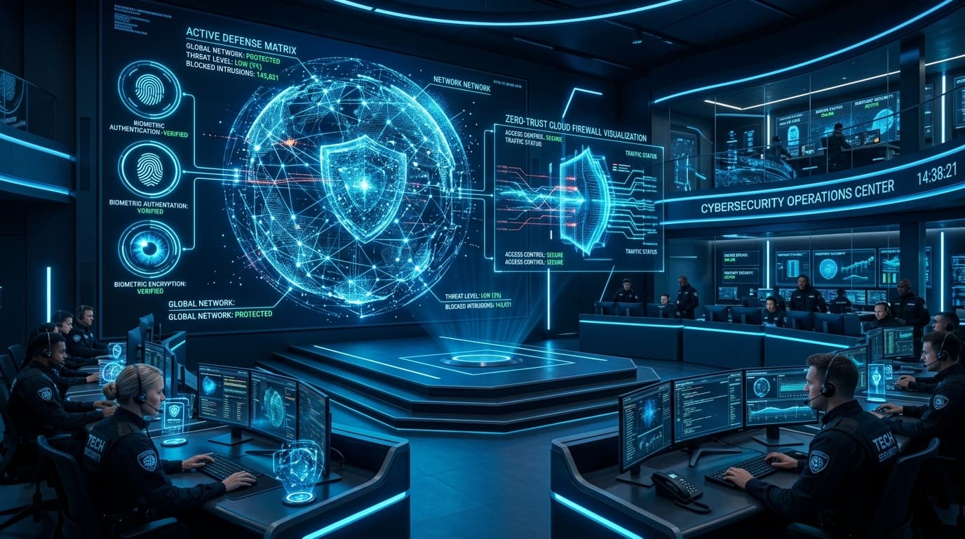 Cybersecurity operations center with active defense matrix and zero-trust shield