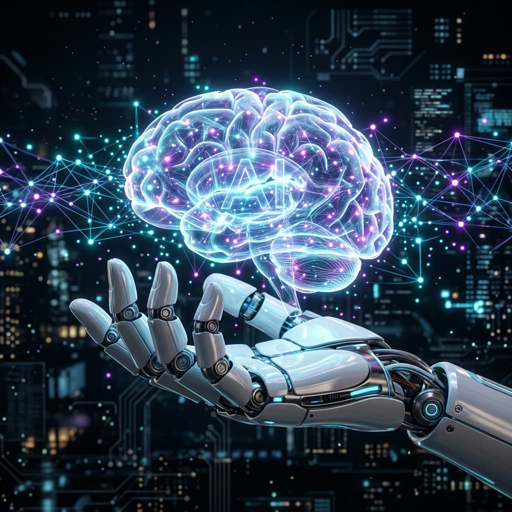 Futuristic cyborg hand holding glowing holographic AI brain with neural matrix